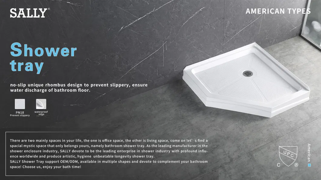 Sally ABS Acrylic Diamond Neo-Angle Enclosure Shower Tray 38X38X6 Center Drain Single Threshold Shower Base in White