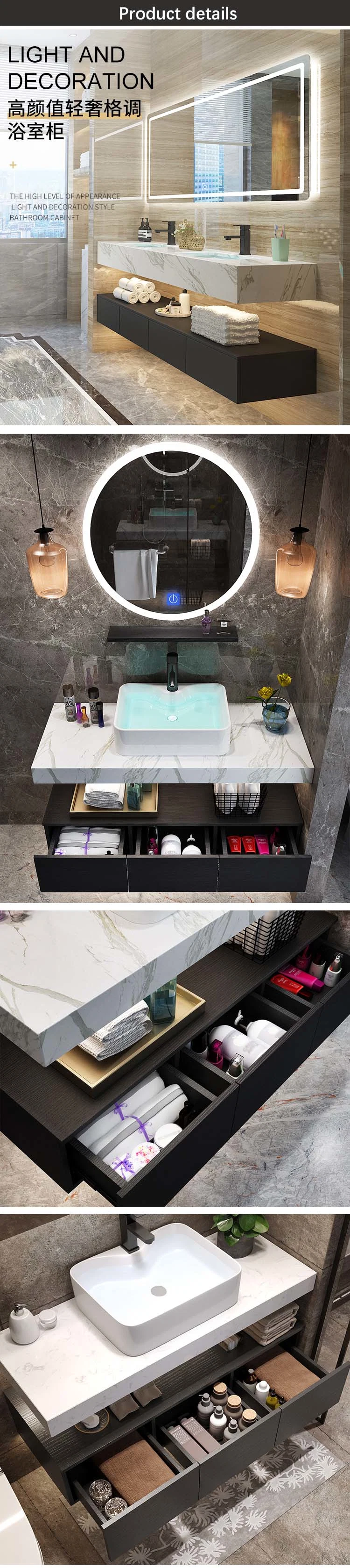 Marble Bathroom Vanity Wash Basin Cabinets Bathroom Wall Vanity with Smart LED Mirror