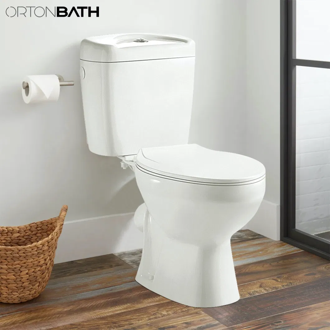 Ortonbath Ecnomical Classic Dual Flush Small Size Toilet, PP Soft Closing Seat, Oval Bathrooms Comfort Height Back to Wall Toilet Two Piece Toilet