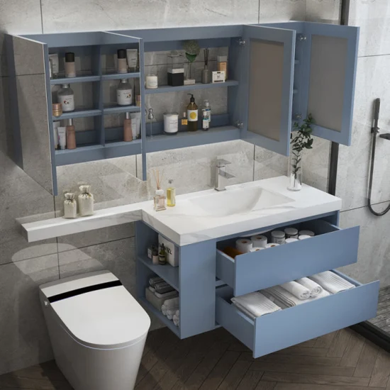 Marble Bathroom Vanity Wash Basin Cabinets Bathroom Wall Vanity with Smart LED Mirror